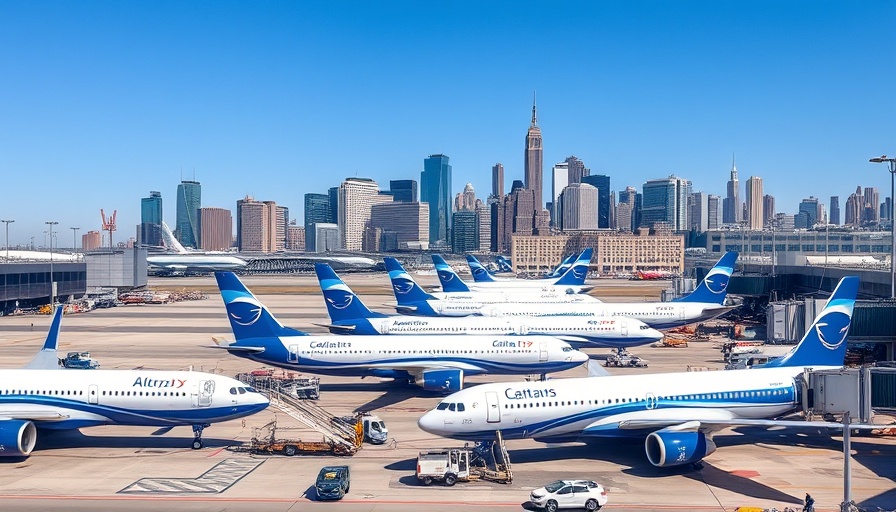 FAA Newark flight reductions with grounded jets and city skyline.