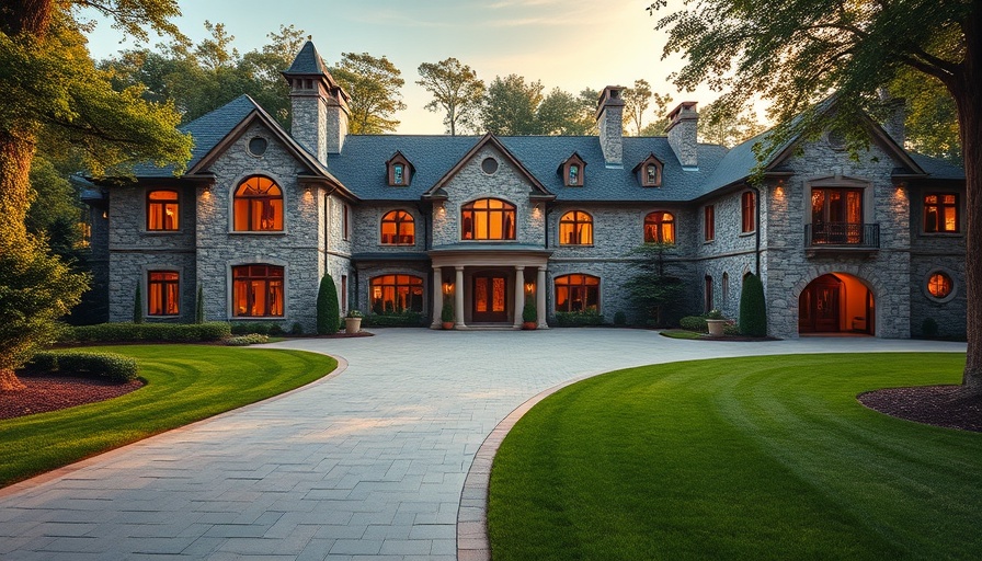 Minnesota luxury real estate with stone architecture and lush greenery.