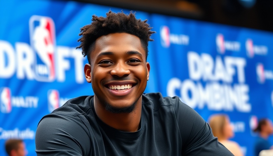 NBA Draft Combine attendee smiling, Sixers Draft Prospects Combine Results backdrop.