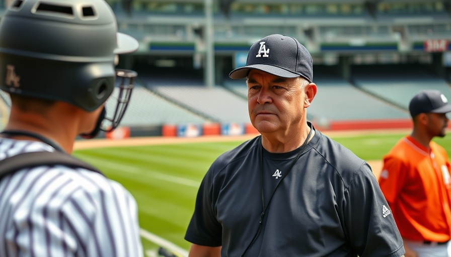 Baseball coach and official in stadium during equipment adjustment.