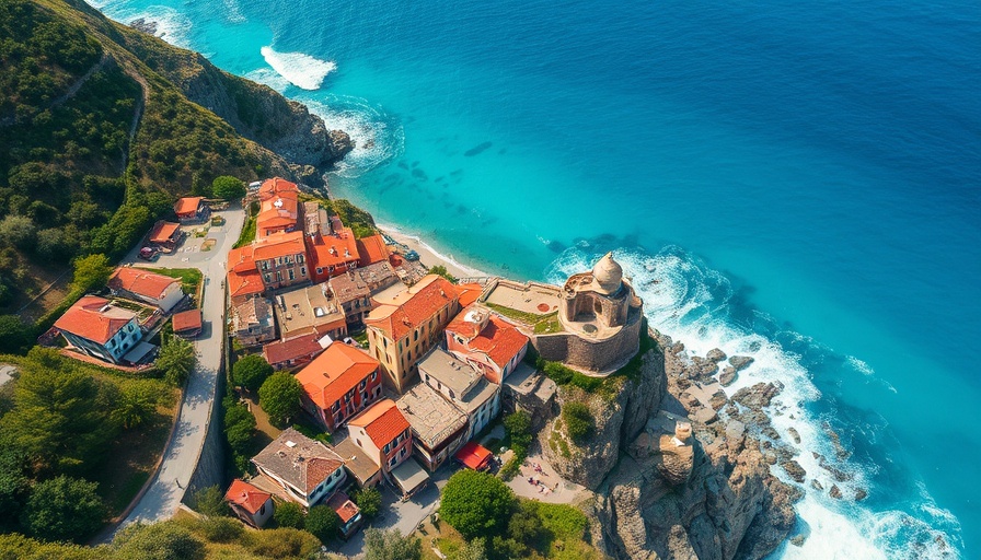 Aerial view of a coastal village on a cliff in Europe with ocean waves.