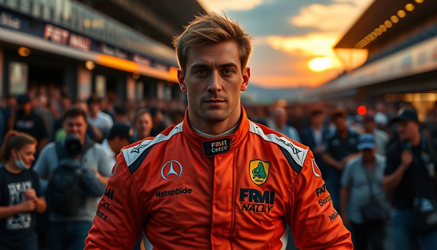 F1 Movie Premiere Experience with a determined F1 driver walking at sunset.