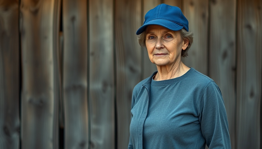 A middle-aged woman in a blue cap standing thoughtfully against a wooden wall, Future of American Politics.