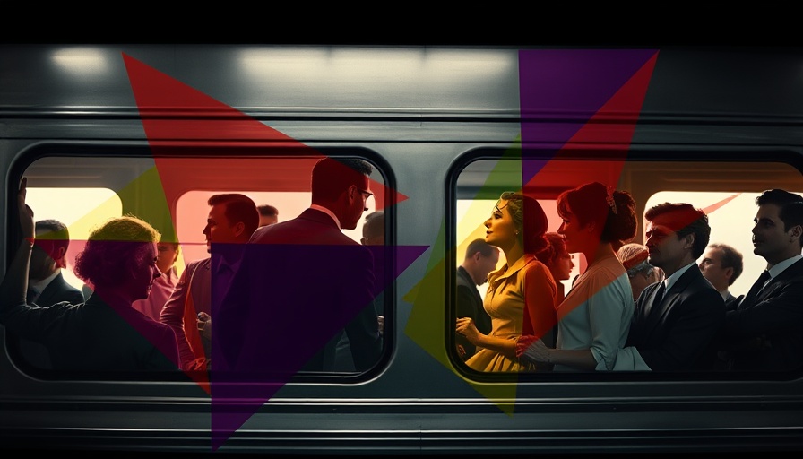Historical gathering with abstract overlay elements, 1960s vibe.