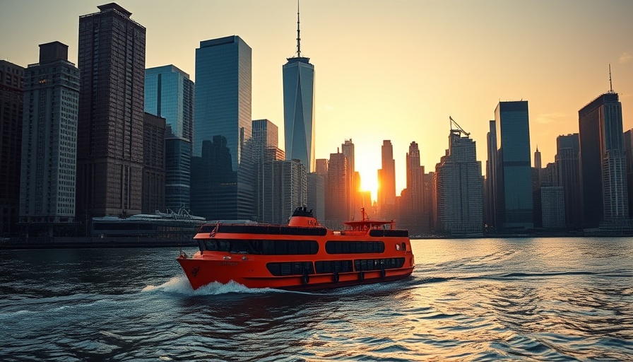 Orange ferry near NYC skyline at sunset, Things to Do in New York City.