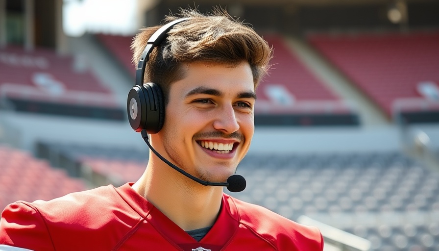 Young man in red jersey with headset, smiling at stadium.