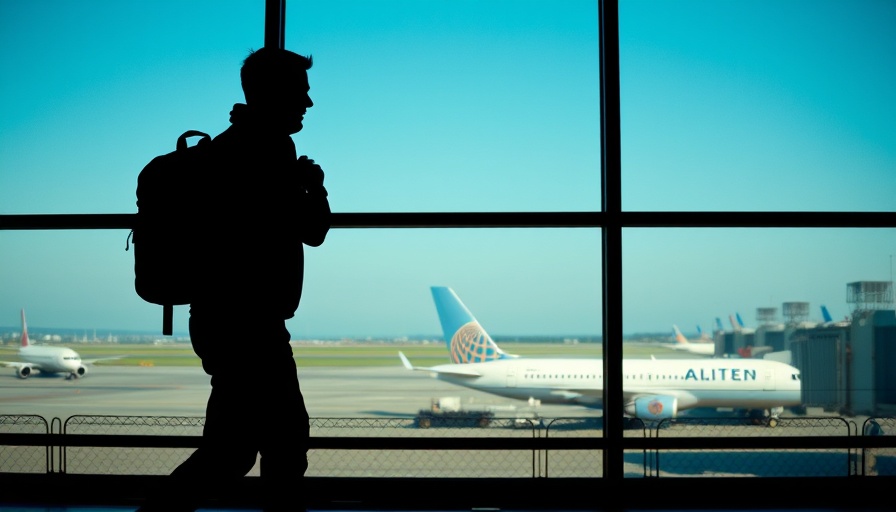 Traveler at Newark airport with planes in the background, highlighting runway reopening.
