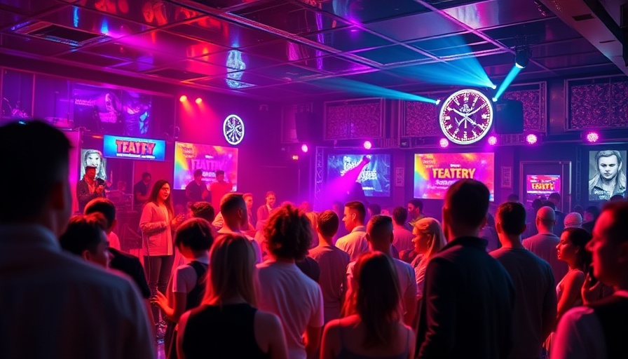 Nightclub scene with mixed group and performers, vivid lighting.
