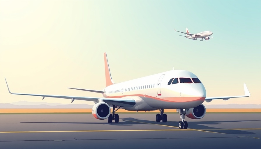 Modern airliner on runway with another plane in sky.