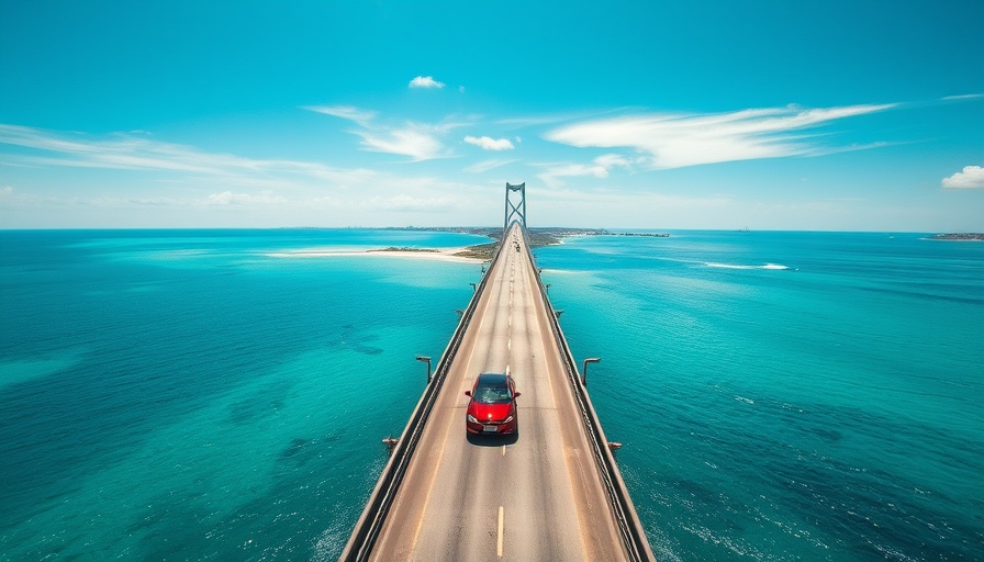 Scenic East Coast road trip on stunning ocean bridge with car.