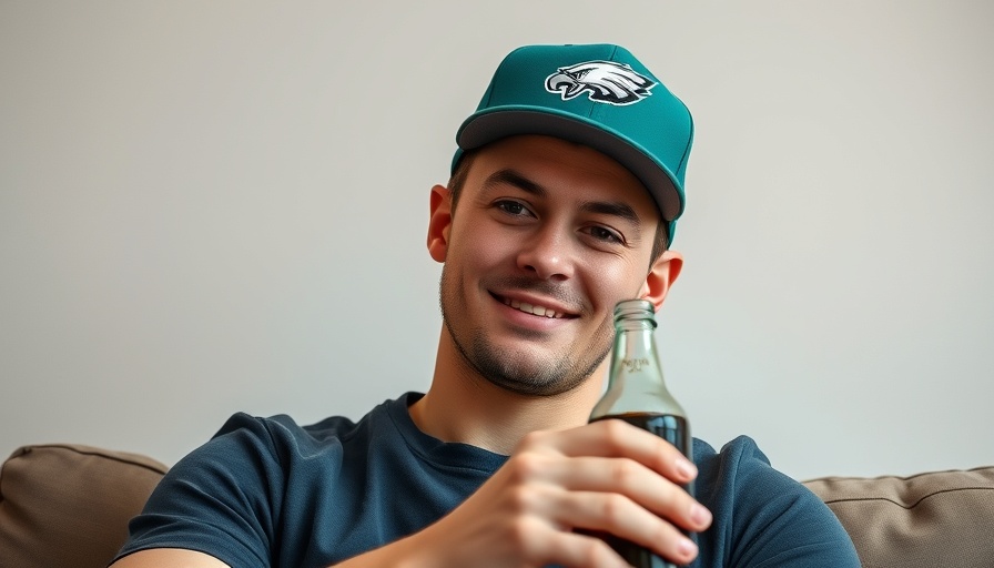 Philadelphia Eagles fan casually sitting wearing team cap holding a beer.