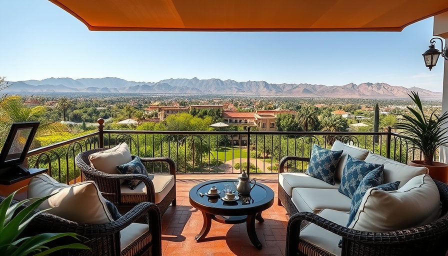 Scenic terrace view of Atlas Mountains from Marrakech, lush gardens.