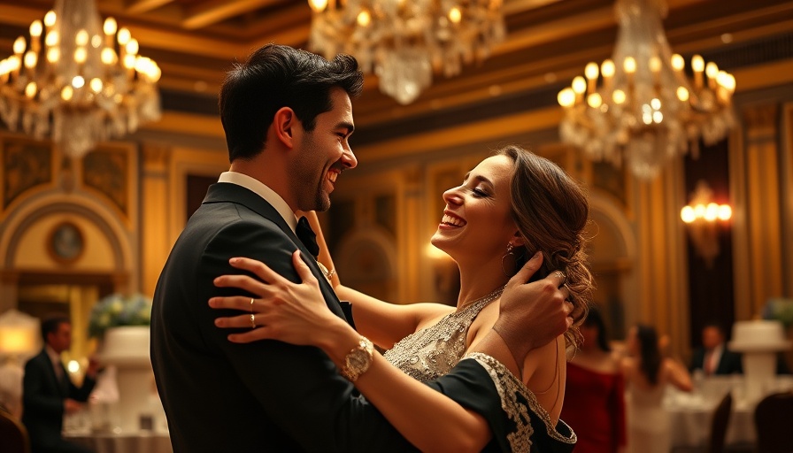 Couple dancing warmly at formal event in grand ballroom.