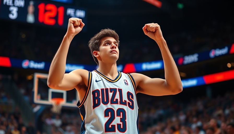 Focused young basketball player celebrating on court, Sixers draft buzz.