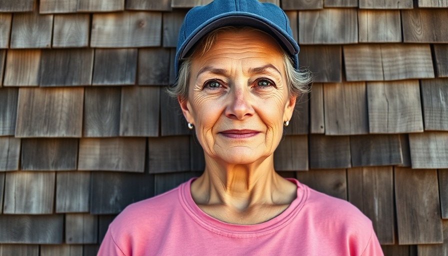 Woman in blue cap against rustic wood wall, thoughtful expression.