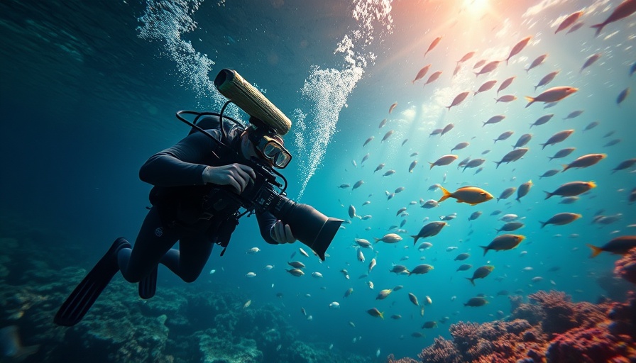 Diver filming coral reef and fish in the ocean.