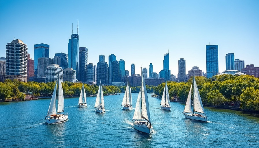 City skyline and river with sailboats near Chase Vacation Home Rentals.