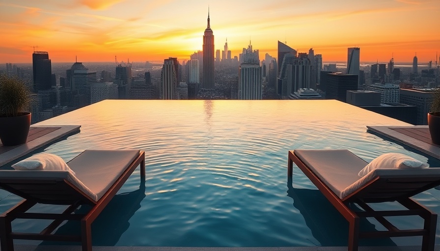 Rooftop pool with NYC skyline at sunset, best hotel pools in NYC.