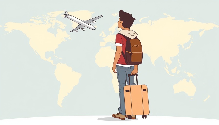 Traveler with suitcase looking at world map and airplane.