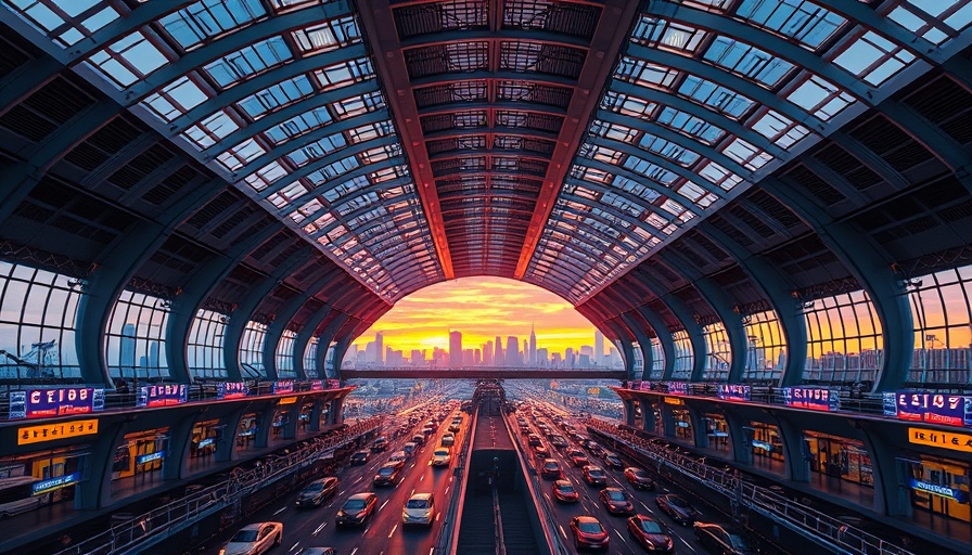 Futuristic JFK Terminal 6 design at sunset with cityscape.