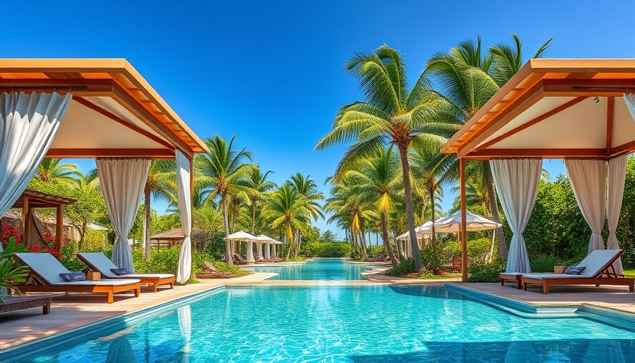 Tropical resort pool area near major cities with palm trees and cabanas.
