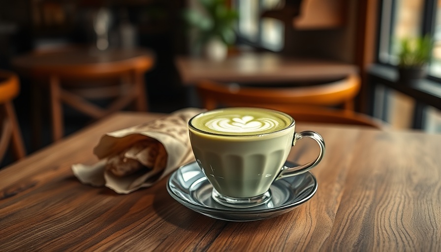 Matcha latte on a wooden table in a Philly coffee shop.