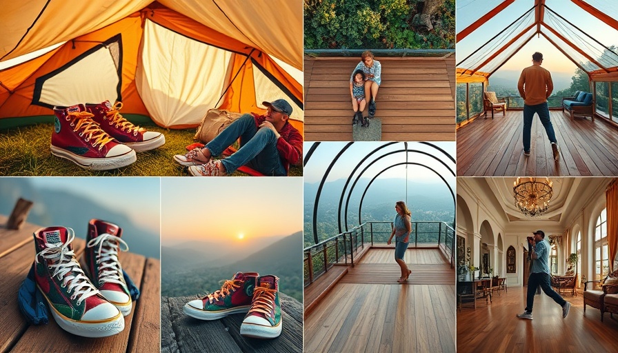 Collage of stylish sneakers for travel in various settings.
