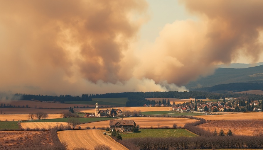 Wildfires in Europe impacting travelers with smoke rising over countryside homes.