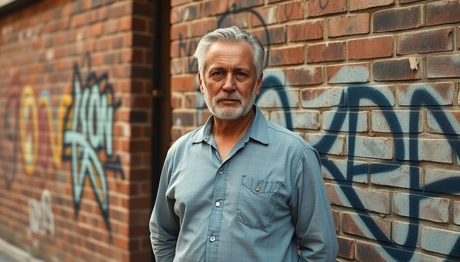 Middle-aged man posing against graffiti wall for Khaled Sabsabi Venice Biennale.