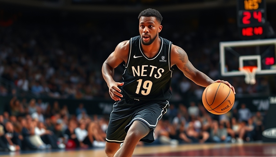 Dynamic player dribbling in a Nets jersey at a packed indoor court.