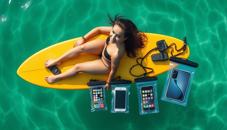 Aerial view showcasing waterproof phone pouches over surfboard scene.
