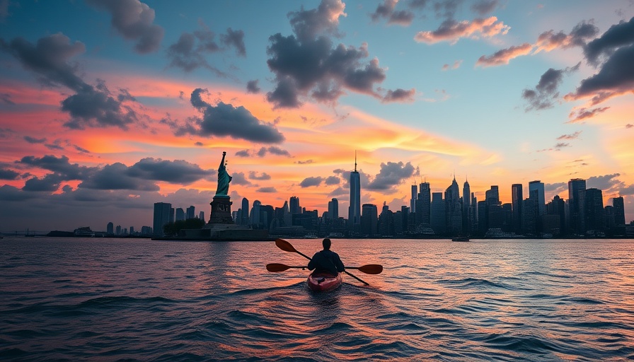 Kayaker near Statue of Liberty with city skyline, enhancing Wells Fargo Autograph Card benefits theme.