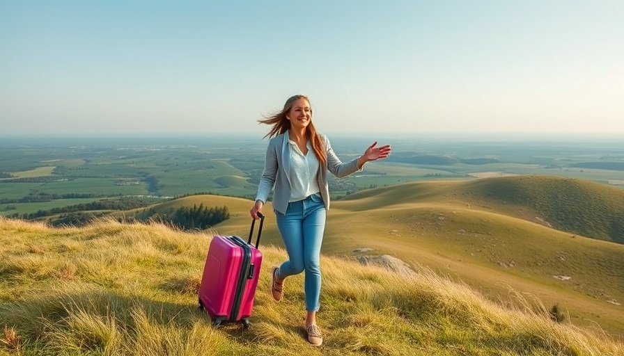 Young woman with luggage in nature during Amazon Prime Day.