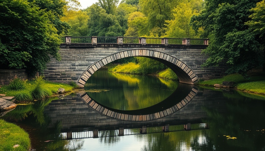 Serene river with stone bridge, lush foliage, reflecting water.