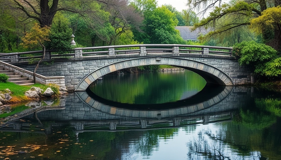 Serene stone bridge in lush greenery; reflection in calm waterway.