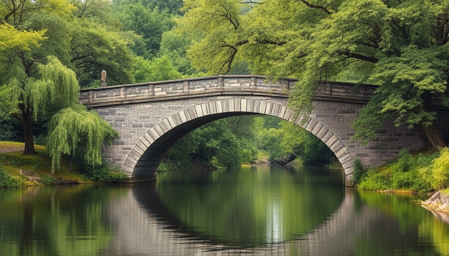 Rustic stone bridge over river in lush greenery, serene nature scene.
