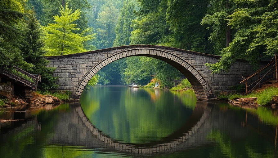 Serene stone bridge over river in lush green forest.