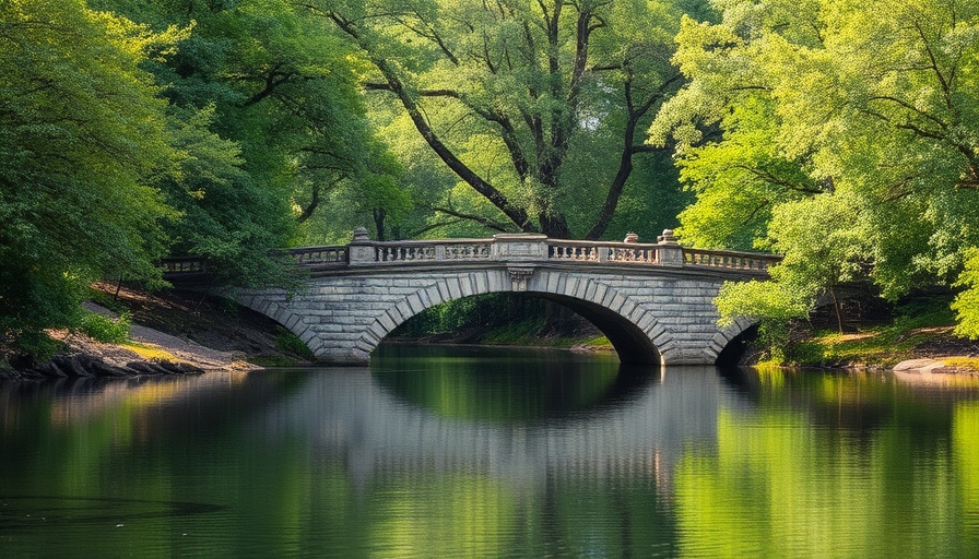 Serene river scene with stone bridge and lush greenery.