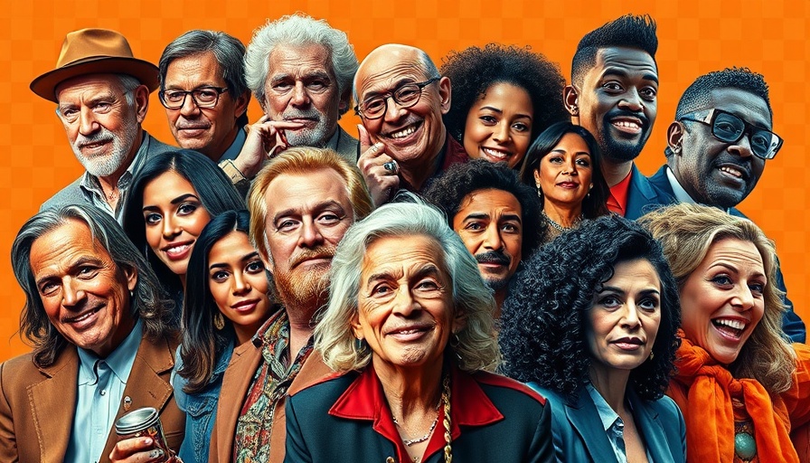 Colorful collage of eclectic celebrity cut-outs with checkered background.