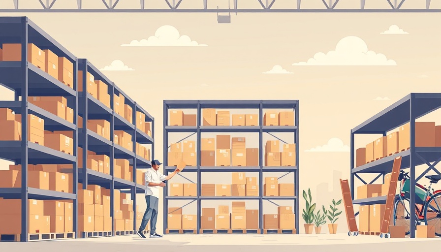 Illustrated warehouse scene with inventory shelves, top travel products Amazon Prime Day.
