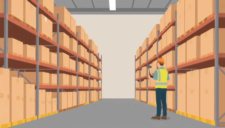 Warehouse with packages and worker inventory check in cartoon style