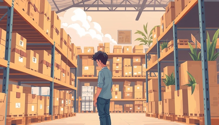 Cartoon warehouse with travel products, Prime Day purchases.