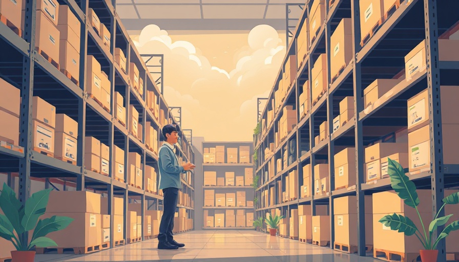 Illustration of a warehouse worker organizing shelves during Amazon Prime Day.