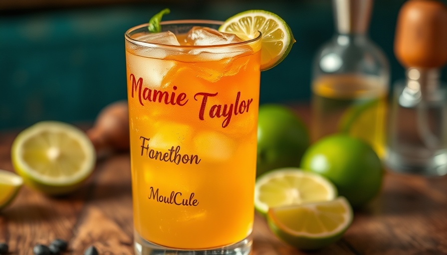 Mamie Taylor cocktail with lime garnish on wooden table.