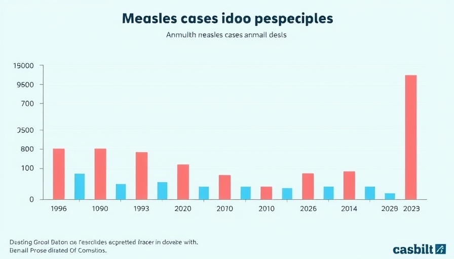 Chart showing annual measles cases from 1985 to 2025.