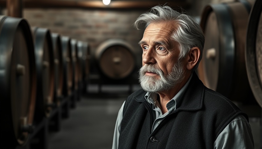 Elderly gentleman in a winery contemplating wine barrels, Marchese Lodovico Antinori's Final Wine Project.