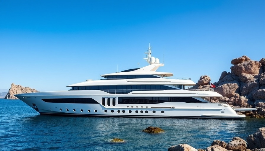 Futuristic Hunter's Lodge Superyacht near coastal rocks.