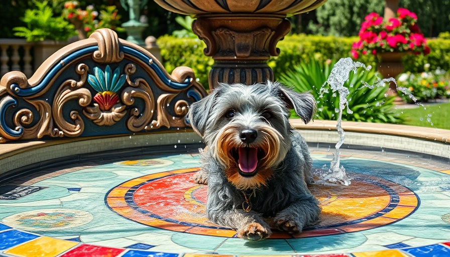Charming grey dog in mosaic fountain at FDR Park renovation.