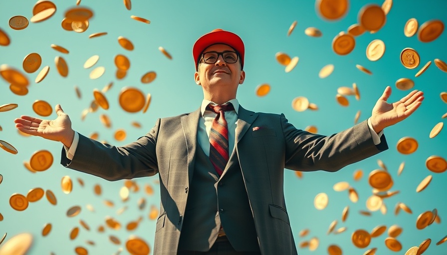 Businessman amidst cascade of digital coins, representing crypto legislation impact on investors.