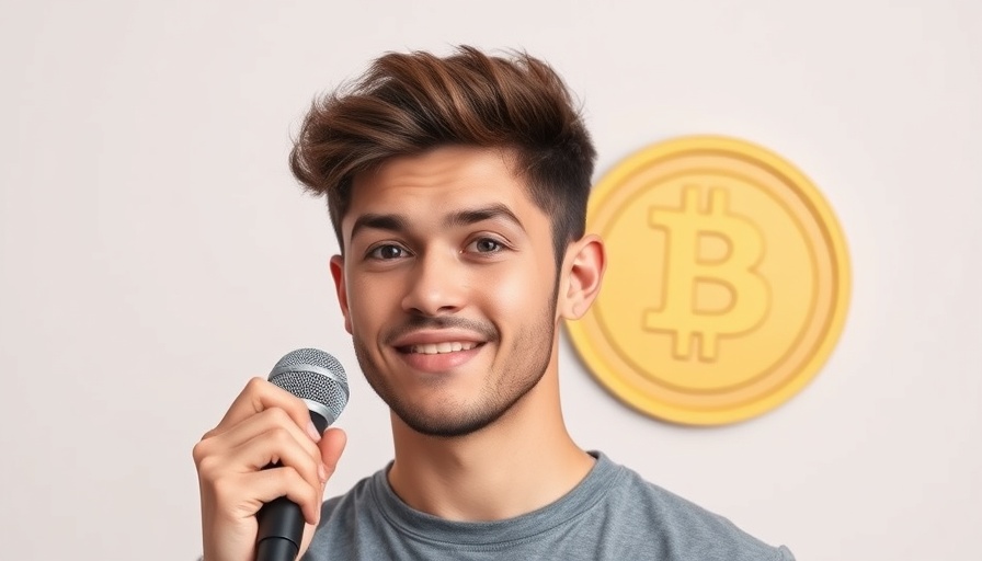 Young man discussing Trump Memecoin Investment, banana symbol background.